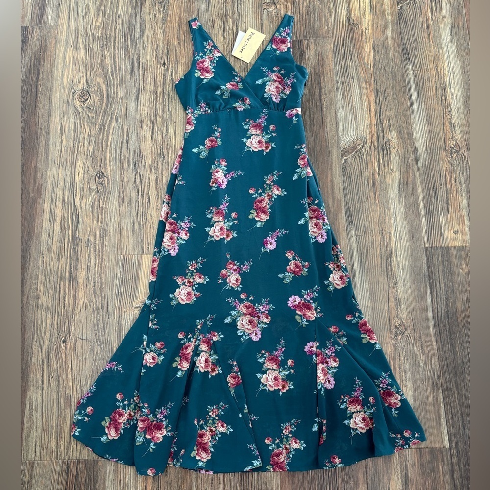 Rewind Sleeveless A-Line Midi Dress Juniors XS Mystic Green Floral Flounce Hem